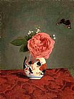 Gustave Caillebotte Canvas Paintings - Garden Rose and Blue Forget-Me-Nots in a Vase